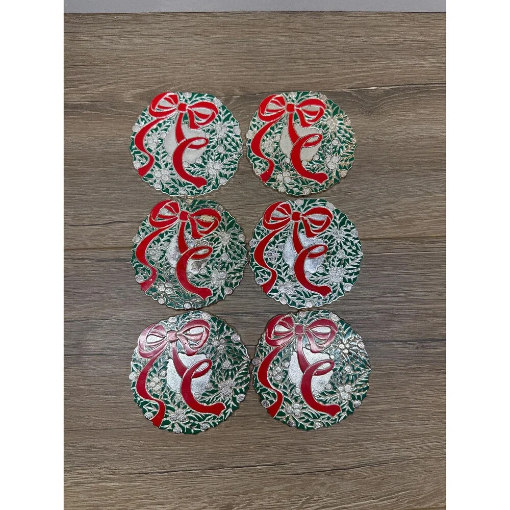 VTG Japan Silver Metal Green Enamel Wreath Red Bow Christmas Coasters Set of 6